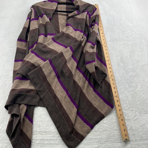 100% Merino Wool M Cynthia Rowley Brown, Tan,‎ Purple Stripe Open Knit Cardigan - Picture 9 of 12